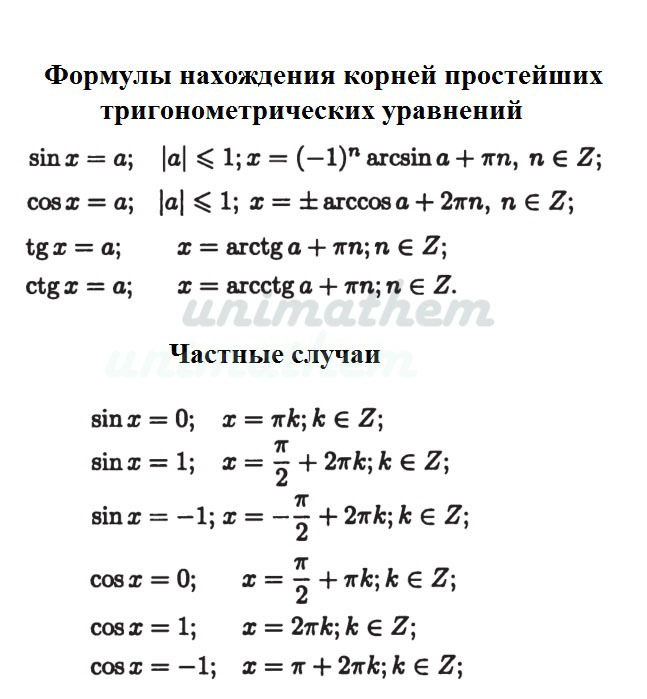 Корни тригонометрических уравнений. Решение тригонометрических уравнений формулы и частные случаи. Частные случаи решения тригонометрических уравнений таблица. Простейшие тригонометрические уравнения формулы частные случаи. Тригонометрические уравнения формулы частные случаи.